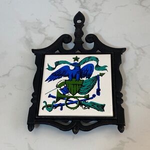 Vintage Black Cast Iron Ceramic Tile Trivet Patriotic Eagle Rustic 9" Wall Art